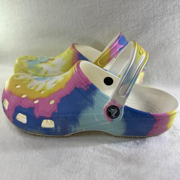 Crocs Classic Tie-Dye Graphic Clogs Size Yellow/Blue/Pink Multicolor W9/M7 - Picture 4 of 7